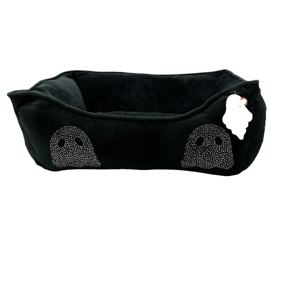 Tricks For Treats Pet Bed Black Velour Silver Ghosts Halloween Gothic 20x16x7